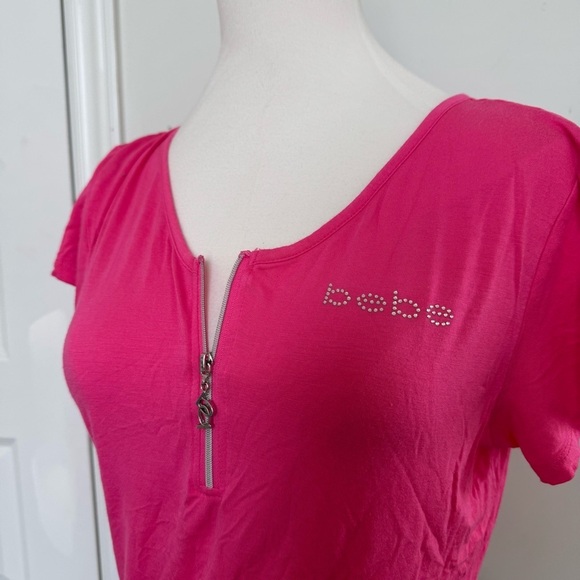 Bebe Pink Zippered Women's Top T-Shirt Y2K rhinestone M - Picture 3 of 5